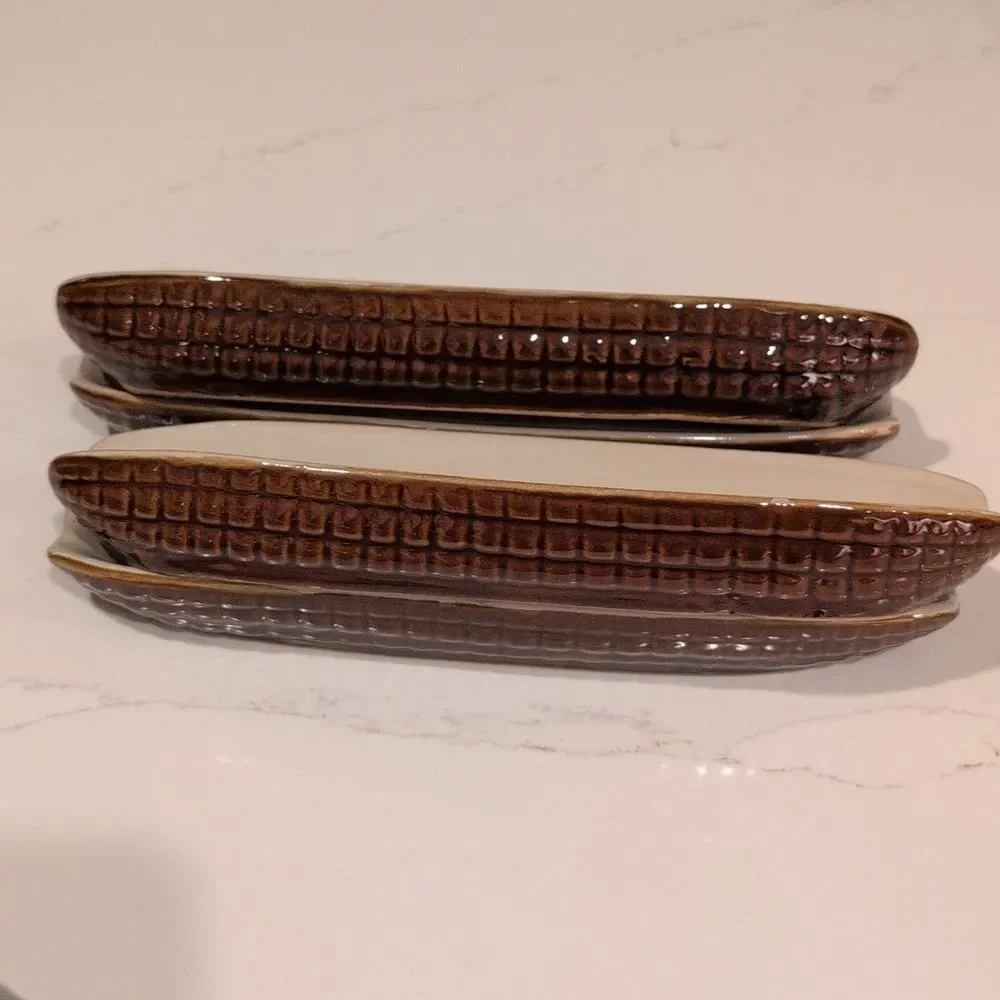 Vintage MCM Brown & Cream Ceramic Corn Dishes Set of 4